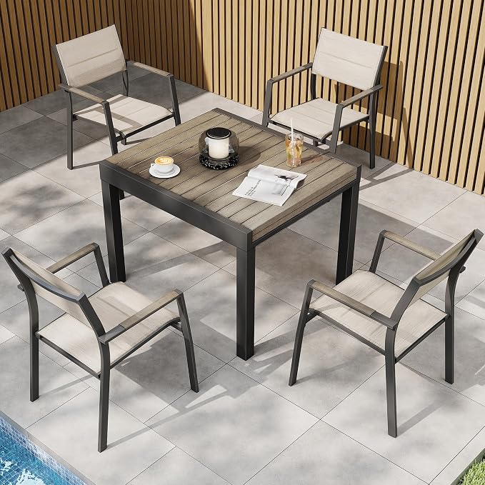 Outdoor Patio Dining Chairs Set of 4, Light Weight Aluminum Frame with Textilene Fabric & Wood-Like Armrest, 275 LBS Capacity, Outdoor Stackable Chairs for Poolside Lawn Garden, Grey Armrest