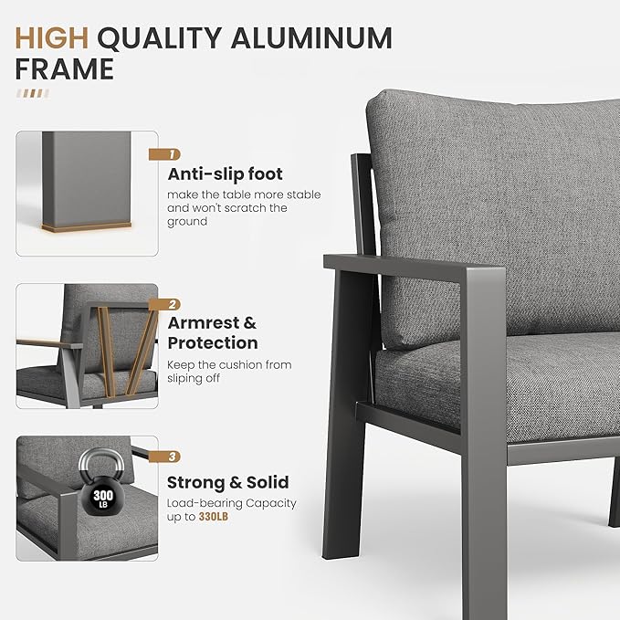 Aluminum Outdoor Patio Furniture Sets All-Weather Patio Conversation Set Sectional Sofa with Coffee Table & Cushions w/Removable Covers for for Deck Backyard Garden Poolside Balcony Porch
