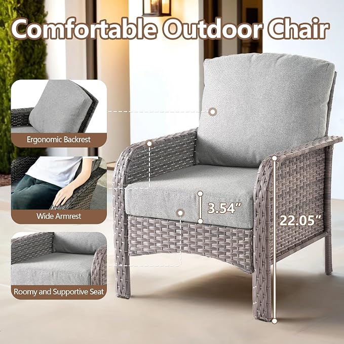 6 PCS Outdoor Patio Furniture Set with Glass Table, All-Weather Rattan Wicker Outdoor Conversation Set with Thickened Cushions for Balcony Backyard Garden Lawn,Dark Grey