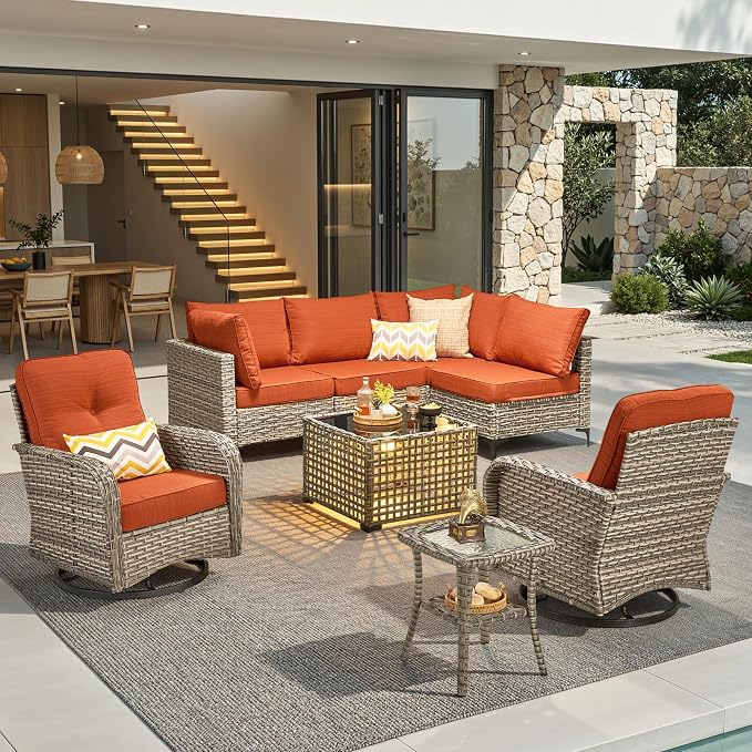 8 Pieces Outdoor Sectional Patio Furniture Set with Swivel Rocking Chairs,Conversation Sets Rattan Wicker L Shaped Couch,Modular Outdoor Sofa for Porch Balcony Backyard Orange