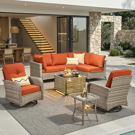 8 Pieces Outdoor Sectional Patio Furniture Set with Swivel Rocking Chairs,Conversation Sets Rattan Wicker L Shaped Couch,Modular Outdoor Sofa for Porch Balcony Backyard Orange