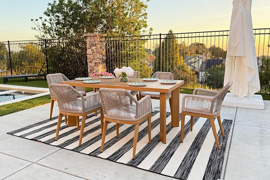 PURPLE LEAF 7 Pieces Patio Dining Set Aluminum Modern Rectangular Table and Rattan Arm Chairs with Cushions for Kitchen Porch Garden Outdoor Furniture Sets, Teak