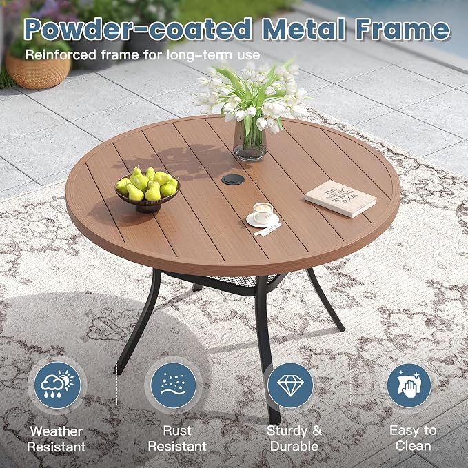 DIFY 48" Round Patio Dining Table for 6, All Weather Round Outdoor Metal Dining Table with 1.57" Umbrella Hole, Perfect for Backyard Lawn Garden, Walnut