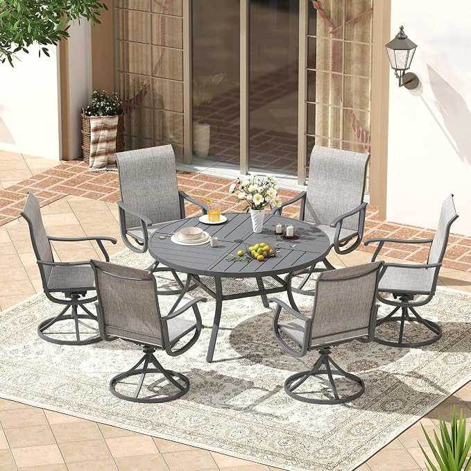 VICLLAX 47.2" Round Patio Dining Table for 4-6, All Weather Metal Outdoor Table with 1.57" Umbrella Hole and Storage Shelf for Garden Lawn Deck, Dark Grey