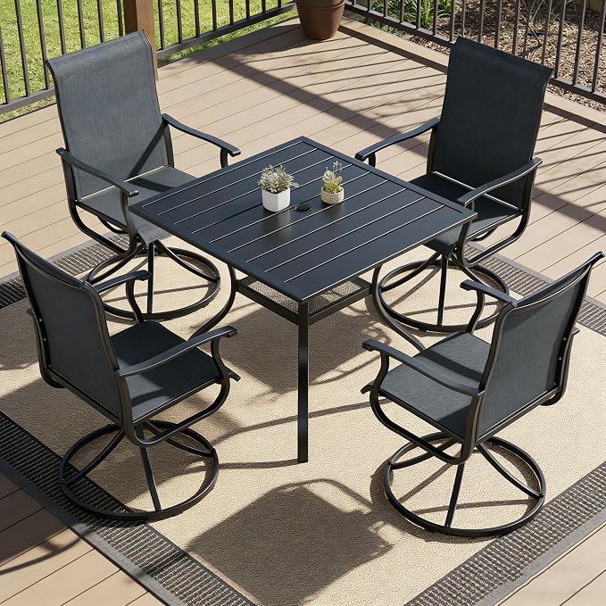 SUNCROWN 5-Piece Outdoor Patio Dining Set, All Weather Square Metal Table & 4 Black Swivel Textilene Mesh Chairs, Weather Resistant Patio Furniture for Deck Lawn Garden Backyard Poolside