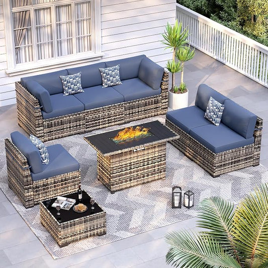 8 Pieces Outdoor Patio Furniture Set with 44" Fire Pit Table Yellow Rattan Sectional Conversation Sets w/Gas Fire Pit, Coffee Table, 1 Waterproof Covers, Navy Blue