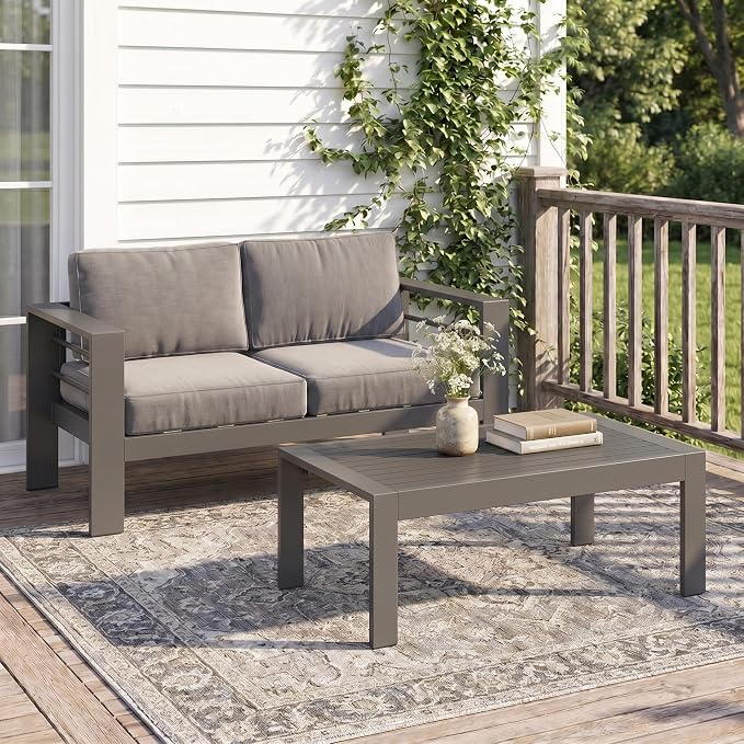 Solaste Aluminum Outdoor Loveseat with Coffee Table,2 PCS Patio Furniture Set with Cushions, All-Weather Outdoor Patio Sofa Sets for Balcony, Deck, Backyard, Porch, Garden, Dark Grey