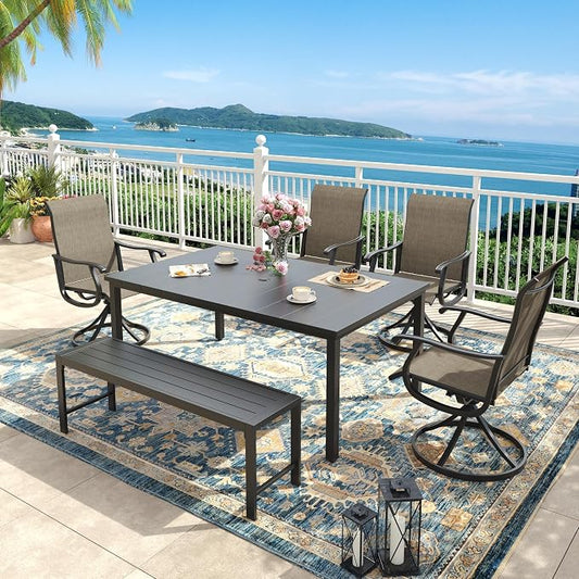 6 Pieces Outdoor Dining Set, Patio Table and Chairs Set with 51" Garden Bench for 6-7 People, 63" Outdoor Dining Table and Swivel Patio Chairs for Deck Backyard, Mixed Brown and Black