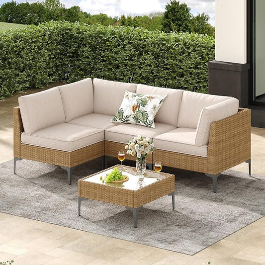Jing's Villa 5-Piece Outdoor Patio Furniture Set,Ratten Conversation Sectional Sofa w/Coffee Table, All-Weather Patio Conversation Set with Thick and Anti-Slip Cushions for Backyard,Deck,Beige