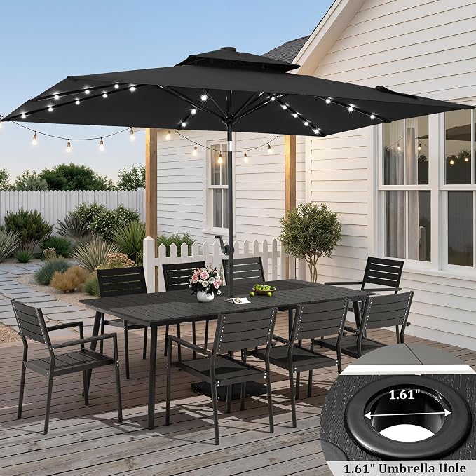 95" Patio Outdoor Dining Table for 8-10, Weather-Resistant Wood-Grain Top with Aluminum Frame & Umbrella Hole for Deck Gatherings, Black