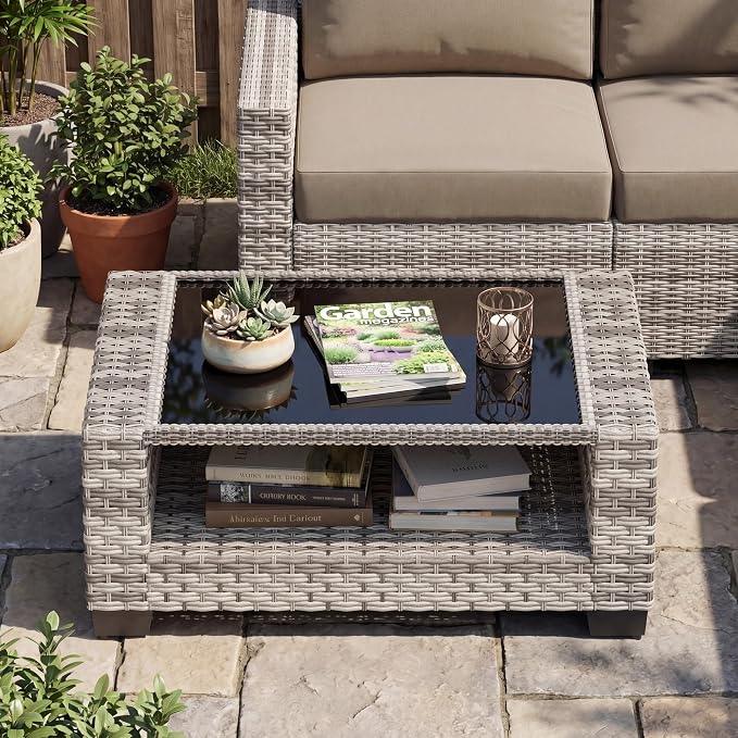 Patio Furniture Set, 7-Piece Outdoor Sectional Couch with Coffee Table & Thick Cushions, Outdoor Wicker Conversation Set for Backyard, Poolside, Garden (Grey White-Camel, 7 Piece-Double)