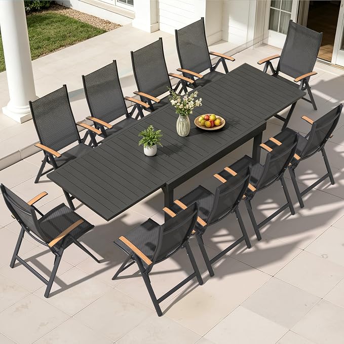 Pellebant 11 Pieces Aluminum Outdoor Dining Set for 6-10 Person, 53" - 106" Expandable Outdoor Dining Table and 10 Foldable Chairs, Weather Resistant Outdoor Furniture Set for Deck, Porch & Backyard