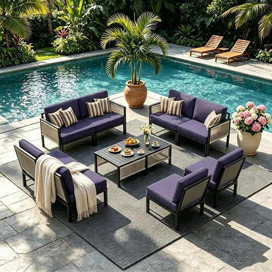 AECOJOY Aluminum Patio Furniture Set 8 Seats Outdoor Sectional Couch with Coffee Central Table Patio Conversation Sets for Porch Deck (Dark Blue, 8PCS, 8 Seat)