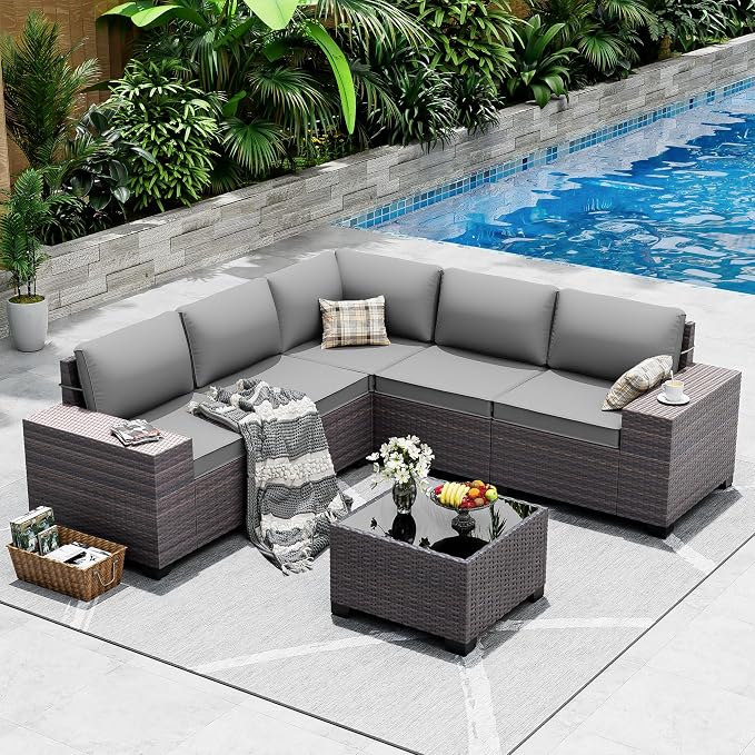 Outdoor Patio Furniture Set, 6 Pieces Outdoor Sectional Furniture High Backrest Patio Sofa, All-Weather PE Rattan Patio Conversation Set with Coffee Table & Cushions