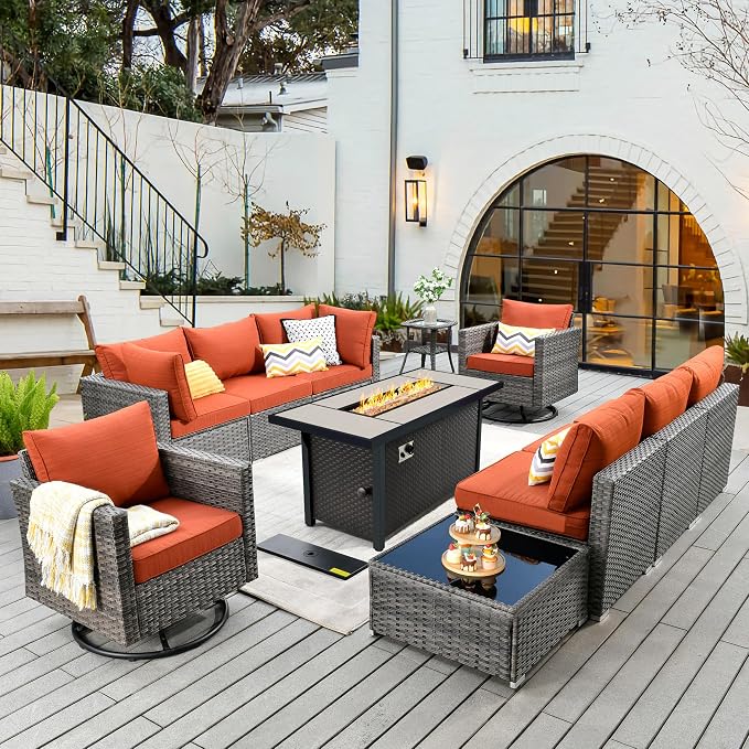 CAODOC 11 Piece Outdoor Patio Furniture Set with 53" Fire Pit Table, Wicker Sectional Conversation Set Whit Swivel Chairs,Modern Outside Sofa for Balcony Backyard(Red)