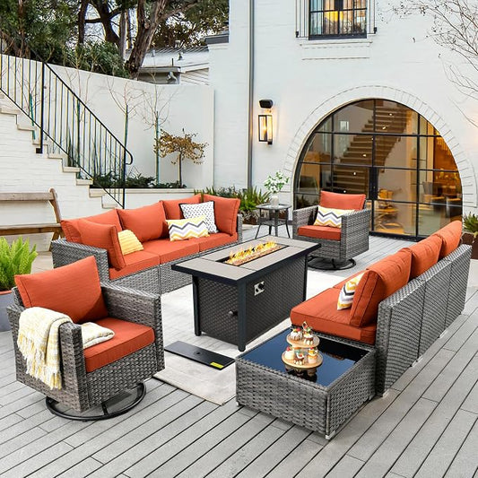 CAODOC 11 Piece Outdoor Patio Furniture Set with 53" Fire Pit Table, Wicker Sectional Conversation Set Whit Swivel Chairs,Modern Outside Sofa for Balcony Backyard(Red)