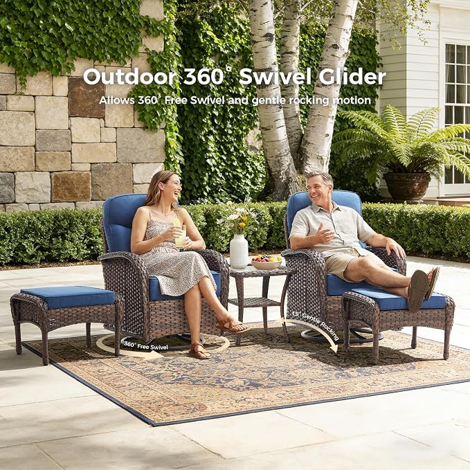 Luxury Patio Furniture Set with 6-inch Thick Cushions, Outdoor Furniture Set with High Back Swivel Chairs, 7 PCS Wicker Outdoor Conversation Set for Porch, Patio, Yard, Deck, Poolside, Brown/Blue
