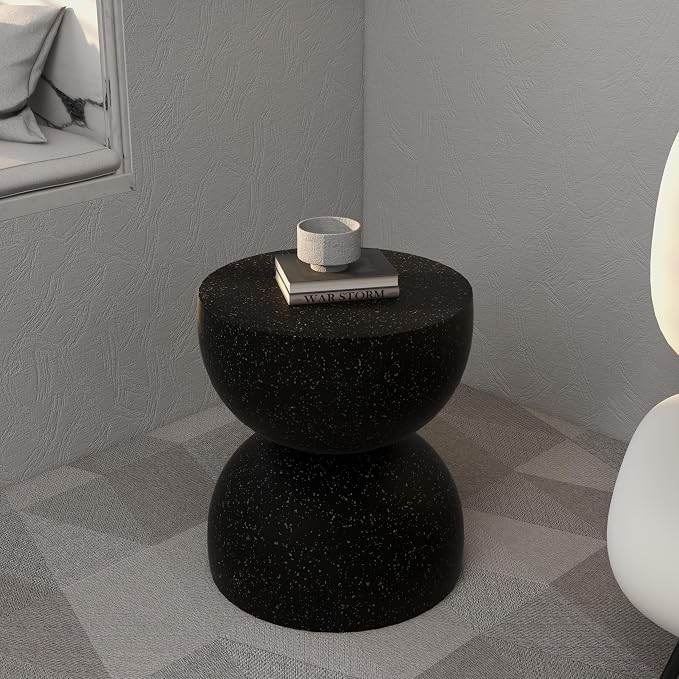 LeisureMod Minimalist Side Table Fiberstone Round Hourglass Accent End Table Stool, Patio Indoor Home Living Room, Weather-Resistant, Sage in Black