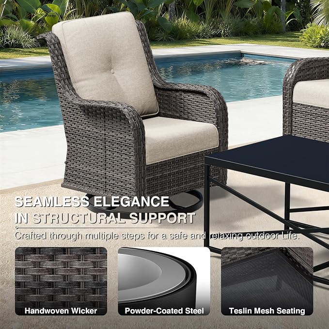 Joyside Swivel Patio Chairs Set of 2, Wicker Patio Furniture with High Back, Deep Seating, Wide Armrest, Thickened Cushions, Outdoor Rattan Furniture for Deck, Porch Use