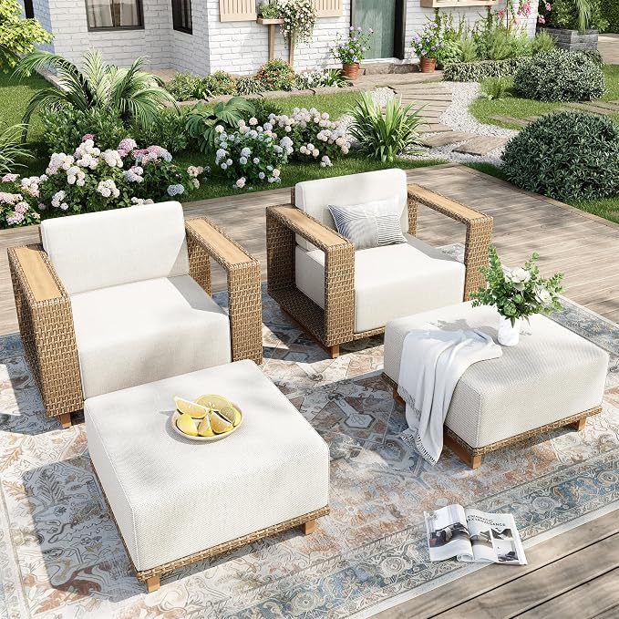 MIXPATIO 4 Pcs Outdoor Patio Furniture Set, Yellow Rattan Wicker Modular Couch Chairs, 2 Rattan Single Sofa, 2 Ottomans with 10" Extra Thick Cushions, Low Profile Lawn Garden Deck Furniture