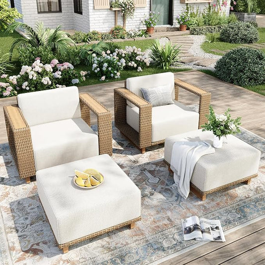 MIXPATIO 4 Pcs Outdoor Patio Furniture Set, Yellow Rattan Wicker Modular Couch Chairs, 2 Rattan Single Sofa, 2 Ottomans with 10" Extra Thick Cushions, Low Profile Lawn Garden Deck Furniture