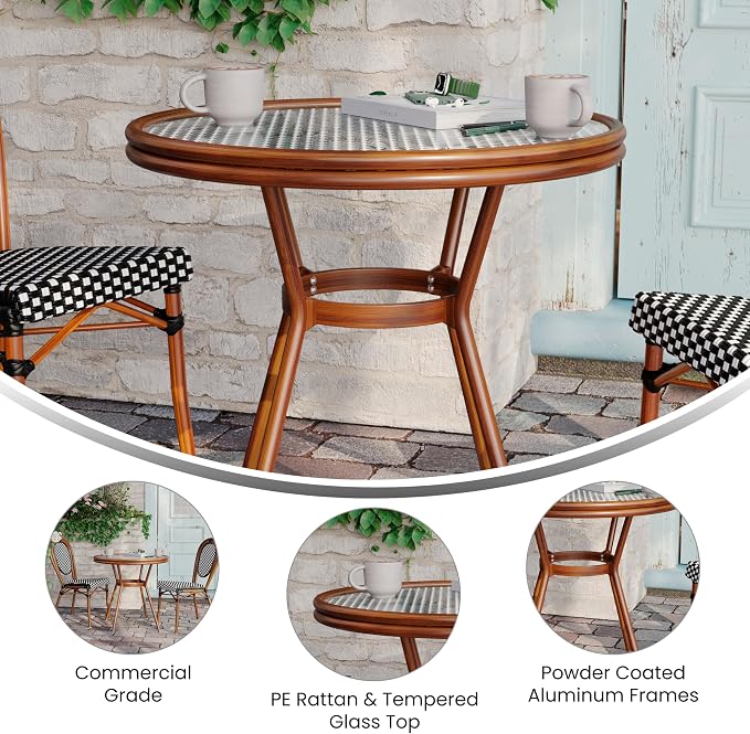 EMMA + OLIVER Colmar Indoor/Outdoor Bistro Table - Black & White Woven PE Rattan Pattern - Tempered Glass Top - Bamboo Finish Metal Frame - 31.5 in.