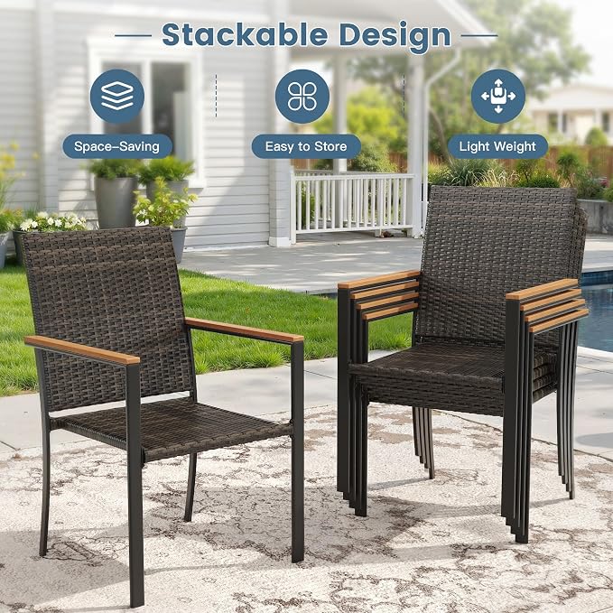 DIFY 5 Piece Patio Dining Set for 4, Wicker Stackable Patio Chairs & 40.2" Square Walnut Metal Dining Table with Umbrella Hole, All Weather Outdoor Table and Chairs Set for Deck Garden Backyard