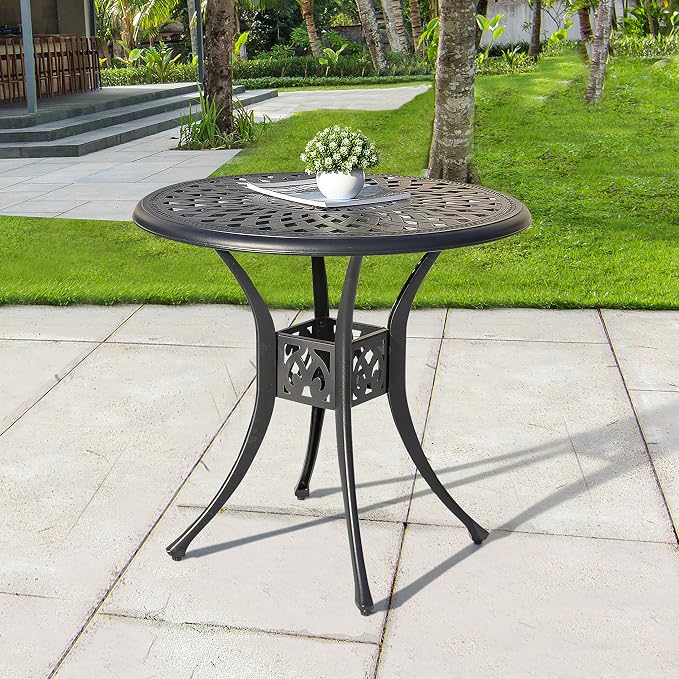 NUU GARDEN 30 Inch Patio Dining Table, Cast Aluminum Round Outdoor Table with Umbrella Hole for Patio, Backyard, Deck-Black