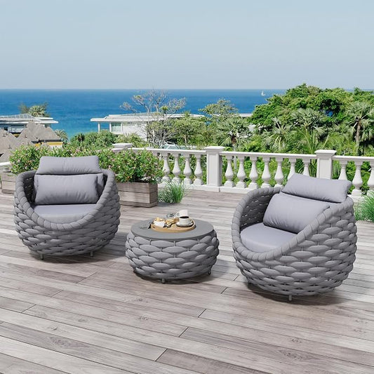 Front Porch Furniture Set: 3 Pieces Aluminum Patio Conversation Set - Assembled Outdoor Sofa Set - Woven Rope Armchair Couch Set - Modern Cushions Set for 400lbs Deck Balcony Bistro Hotel, Gray