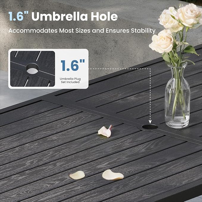 PHI VILLA 70" Outdoor Metal Table Bench Set for 4, w/Umbrella Hole | Black wood grain pattern, all weather. Dining furniture set for patio deck yard porch.