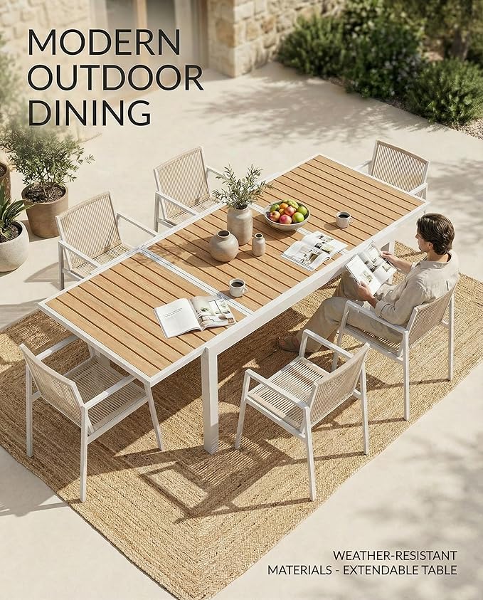 ZANDOR Expandable Outdoor Dining Set for 4-6-8,Patio Table and Chairs Set with Wood Top for Garden,Backyard,Porch,55"-82.7" Extendable Aluminum Outdoor Table Set with 6 Chairs,White