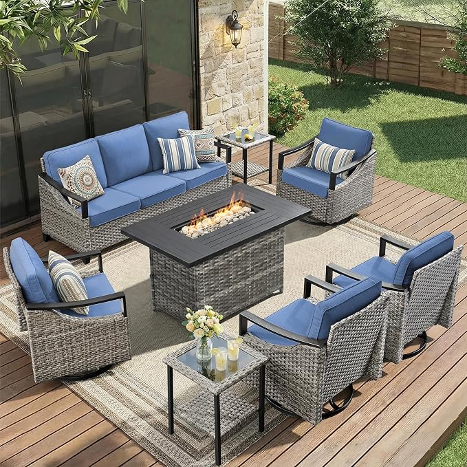 Patio Furniture Set with 42.5" Fire Pit Table-8 Pieces All Weather Wicker Outdoor Furniture with High Back Swivel Patio Chairs Set of 4 Outdoor Patio Conversation for Deck Garden Blue/Gray