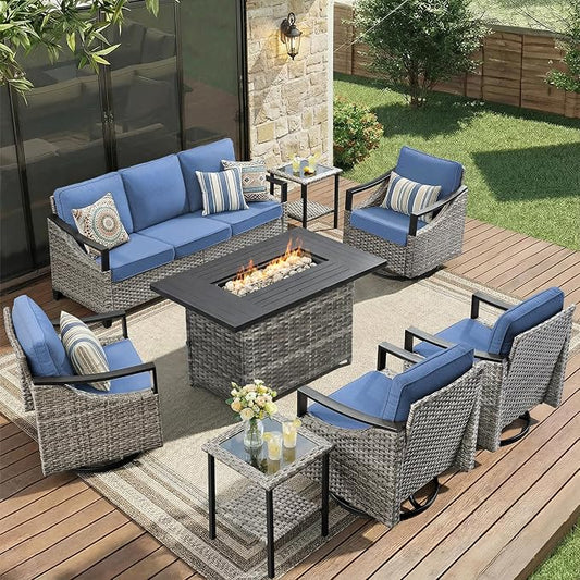 Patio Furniture Set with 42.5" Fire Pit Table-8 Pieces All Weather Wicker Outdoor Furniture with High Back Swivel Patio Chairs Set of 4 Outdoor Patio Conversation for Deck Garden Blue/Gray
