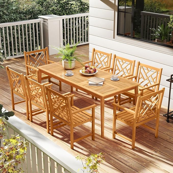 Tangkula 9 Pieces Patio Dining Table Set, Wood Rectangular Dining Table with 1.96” Umbrella Hole and 8 Chairs, Outdoor Dinner Furniture for Garden, Deck, Backyard