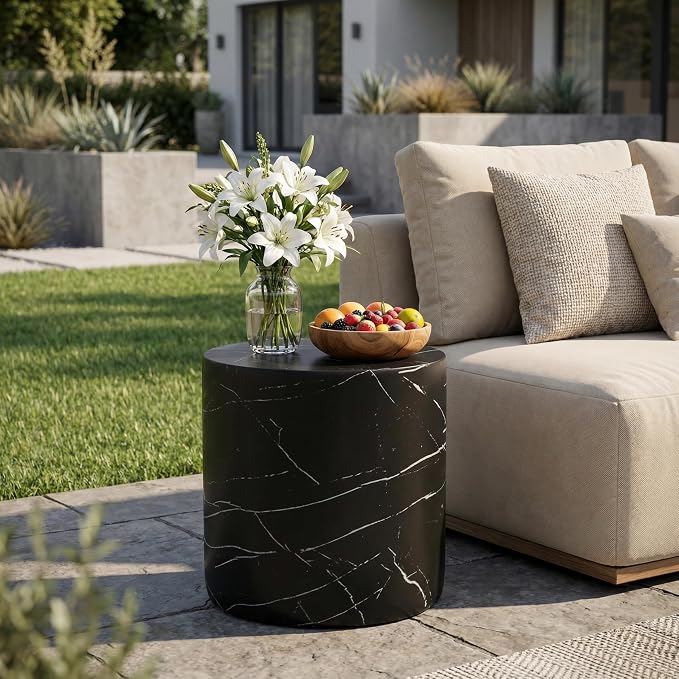Outdoor Side Table Faux Marble End Table Travertine End Tables Concrete Side Tables Faux Stone Small Coffee Tables for Patio, Garden Stool Plant Stand for Porch Backyard, 15.5"*16"Cylindrical Black