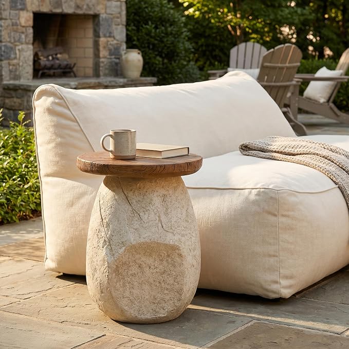 Nerissa Outdoor Patio MGO Side Table, Organic Pear-Shaped Accent End Table with Faux Wood Grain Top, Beige Modern Side Stand for Balcony Garden Poolside Living Room Bedroom