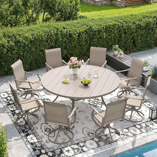 DIFY Outdoor Dining Set for 8, 9 Piece Patio Table and Chairs Set, Swivel Patio Dining Chairs with Textilene Fabric & 60" Round Metal Dining Table with Umbrella Hole, for Garden Backyard, Sandshell
