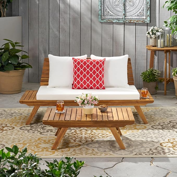 Christopher Knight Home Outdoor 2 Seater Acacia Wood Loveseat and Coffee Table Set, Teak and White