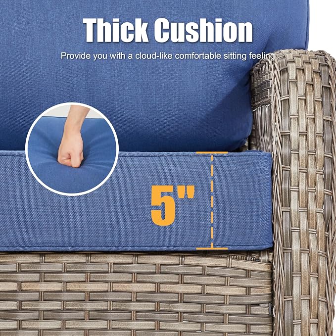 Patio Furniture Set, All Weather 3 PCS Wicker Outdoor Small Sectional Set, 5" Thick Rattan Conversation Set with 3-seat Sofa and Ottoman for Lawn, Garden, Blue/Gray Wicker