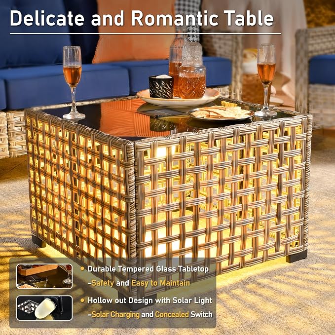HOOOWOOO Outdoor Patio Furniture Set,8 Pieces Wicker Out Door Sectional Furniture L Shaped Couch,Patio Conversation Sets with Swivel Rocking Chair LED Table,Navy Blue