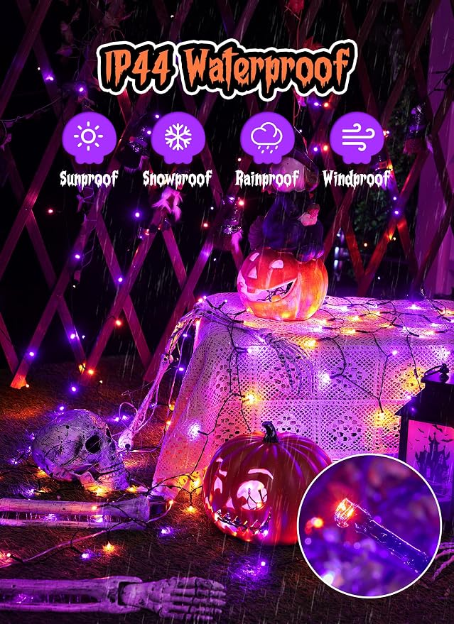Minetom 2Pack Solar Halloween Lights Outdoor,Total 80FT 200LED String Light | Solar Halloween Decoration Outdoor with 8 Mode, Waterproof Solar String Lights for Outside Tree Yard, Orange & Purple