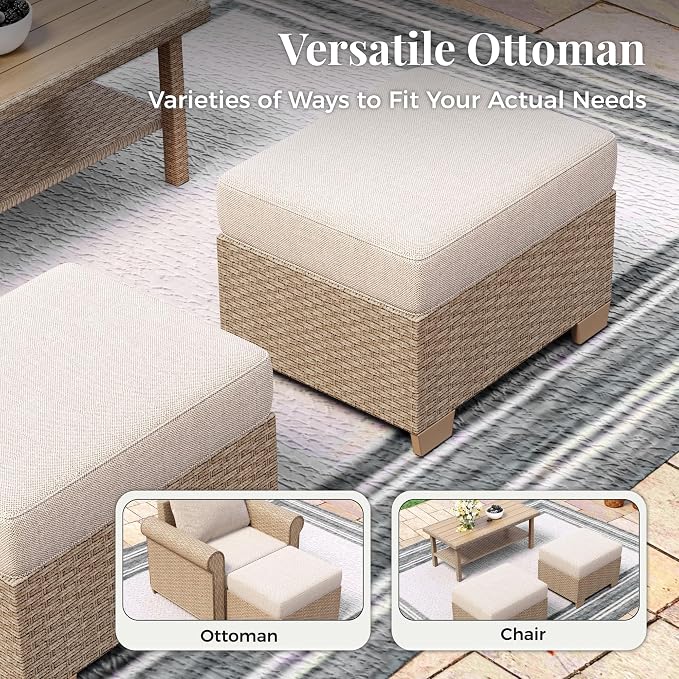 MIXPATIO Patio Furniture Set 8 pcs, Wicker Outdoor Patio Furniture, 3-Seat Sofa, 4 Single Chairs, 2 Ottomans and 56" Gas Fire Pit Table, Rattan Patio Conversation Set for Backyard Deck, Beige