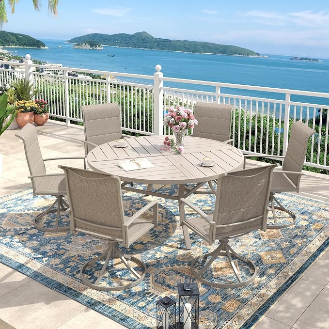 Outdoor Dining Set for 6, 50.1" Outdoor Dining Table with Umbrella Hole and Padded Textilene Patio Swivel Chairs, 7 Pieces Patio Table and Chairs Set for Garden Backyard, Sandshell