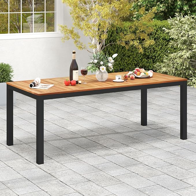 HAPPYGRILL Patio Dining Table for 8, 79" Large Rectangle Table with Acacia Wood Tabletop & Heavy Duty Metal Frame, Outdoor Dining Table with 2" Umbrella Hole for Backyard, Lawn & Garden
