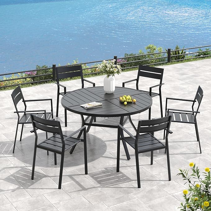 VICLLAX 47.2" Round Outdoor Table, Patio Dining Table for 6 with Umbrella Hole for Garden Lawn Deck Backyard, Black