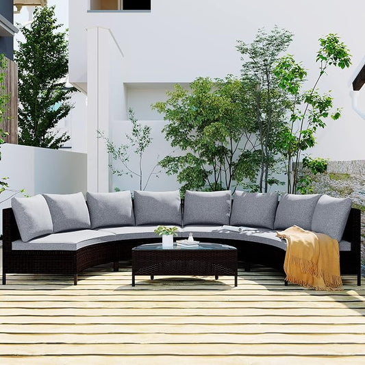 Merax 5-Piece Outdoor Sectional Sofa Set, All-Weather PE Wicker Patio Furniture with Tempered Glass Table, Half-Moon Conversation Set for Garden, Deck, Backyard Living Area,Grey