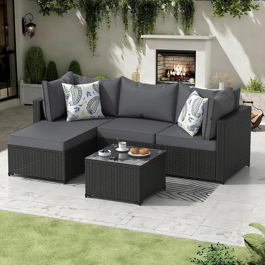 Patio Furniture Set, 5PCS Patio Sectional with Ottoman Wicker Rattan Outdoor Furniture with Thickened Cushion Modular Wicker Patio Conversation Set with Glass Top Table for Balcony, Backyard(Grey)