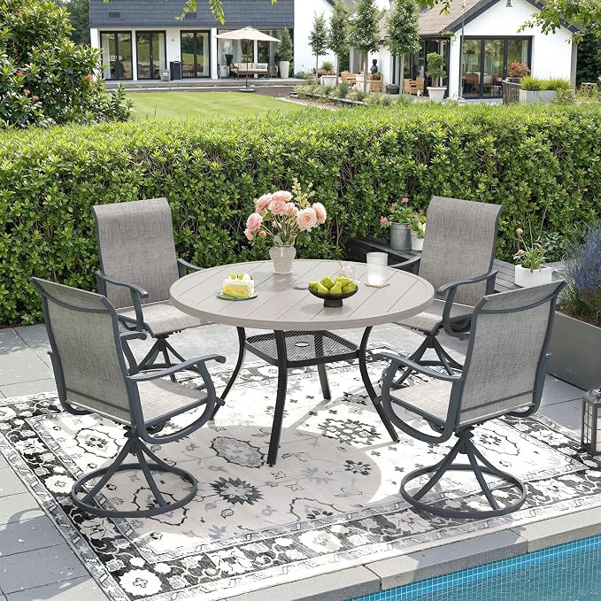 DIFY 5 Pieces Outdoor Patio Dining Set, 4 Grey Textilene Swivel Dining Chairs and 40.6" Grey Wood-Like Round Dining Table, Metal Outdoor Table and Chairs
