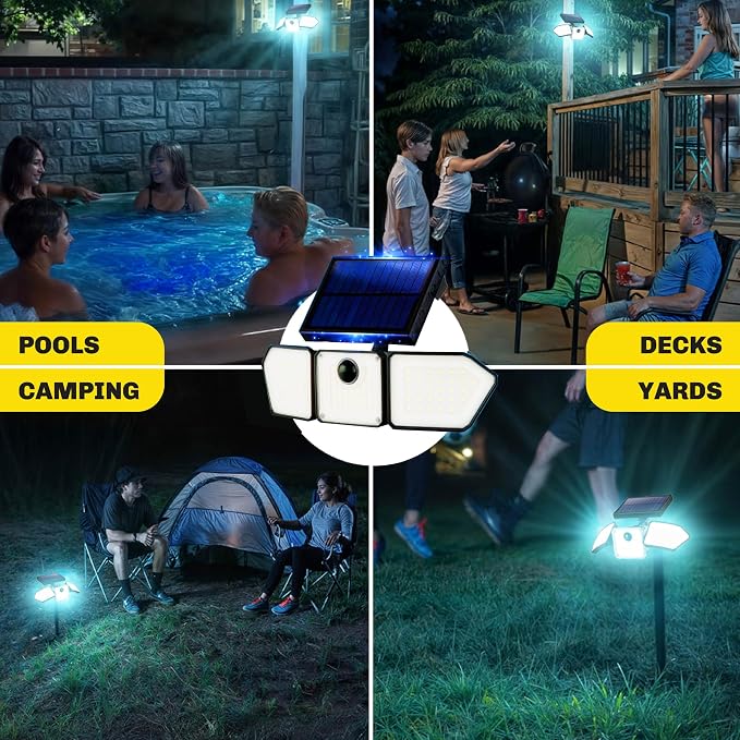Bell+Howell 2 Pk Bionic Solar Flood Lights Outdoor Motion Sensor | 500 Lumens, Wireless, Waterproof Security Lights for Outside House, 3 Adjustable Heads, Stakes & Mountsing Hardware Included