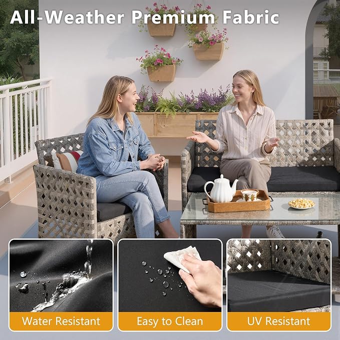 HOOOWOOO 4 Pieces Patio Furniture Set,PE Wicker Outdoor Conversation Sets,Weather Resistant Loveseat with High Back Chairs Table for Porch Balcony Yard Deck,Black